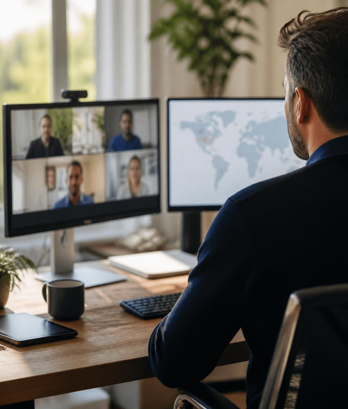 A founder at a dual-monitor desk on a video call with a remote team
