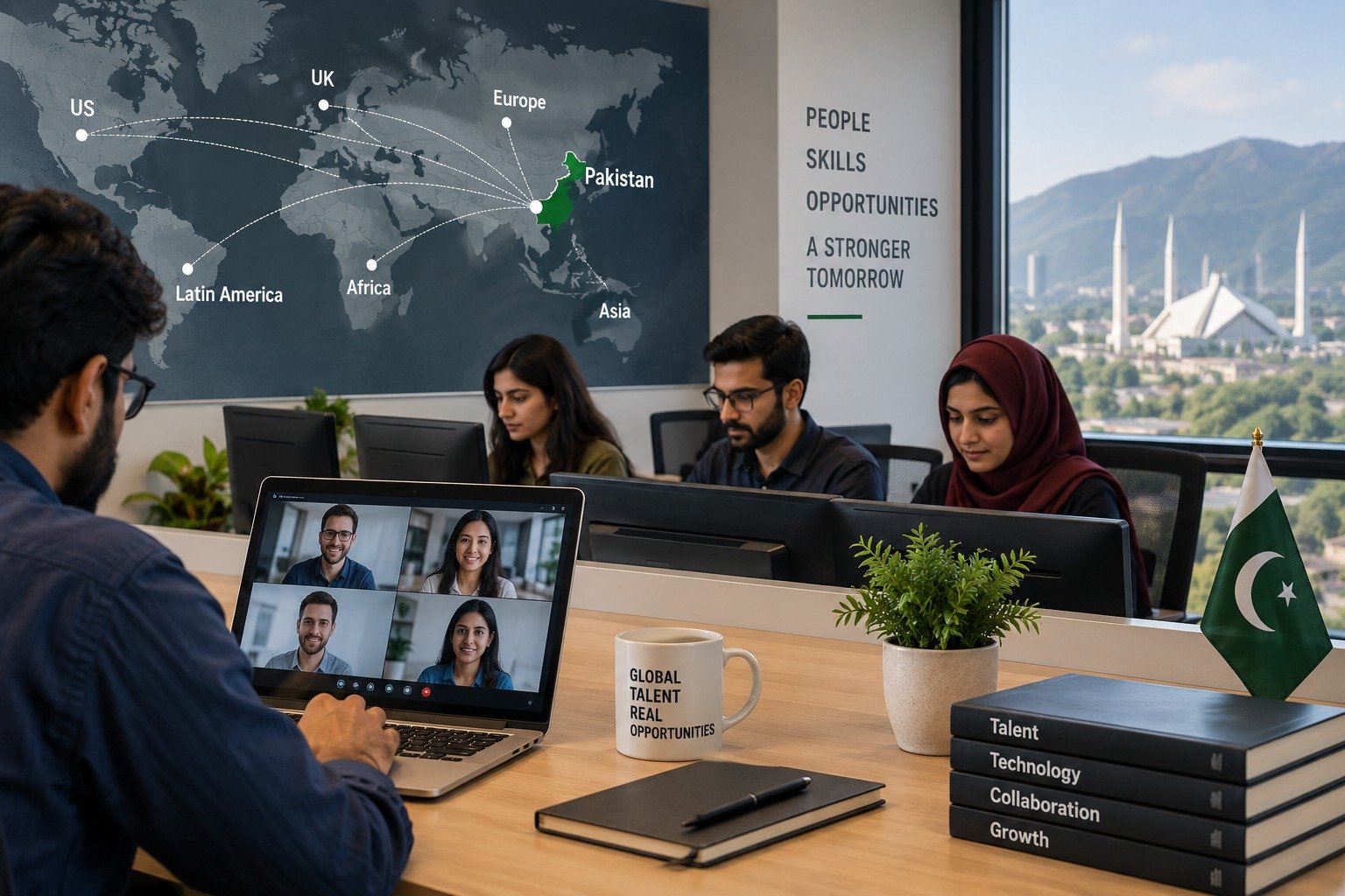 A founder on a video call reviewing a global hiring map that highlights Pakistan alongside the US, UK, Europe, Latin America, Africa and Asia, with a Pakistan-based team working at their desks in the background