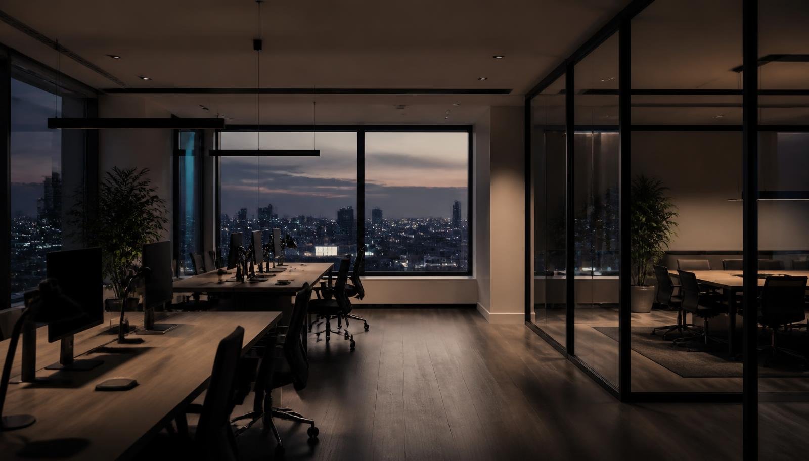 Empty modern office at dusk